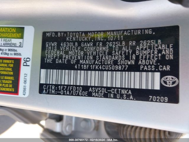 Photo 8 VIN: 4T1BF1FK4CU509877 - TOYOTA CAMRY 