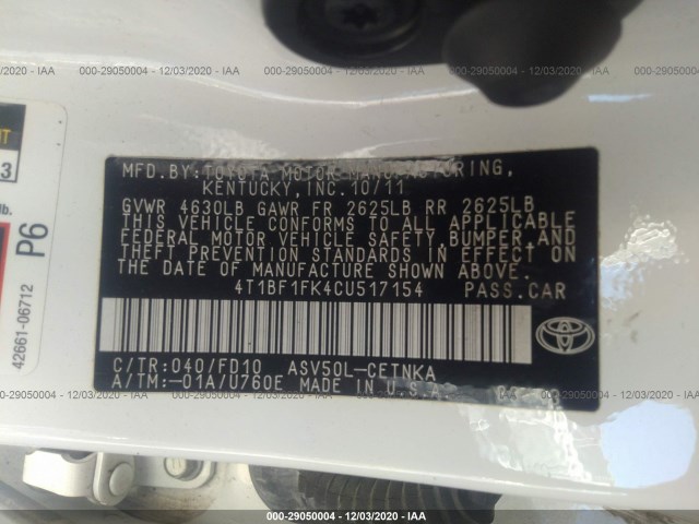 Photo 8 VIN: 4T1BF1FK4CU517154 - TOYOTA CAMRY 