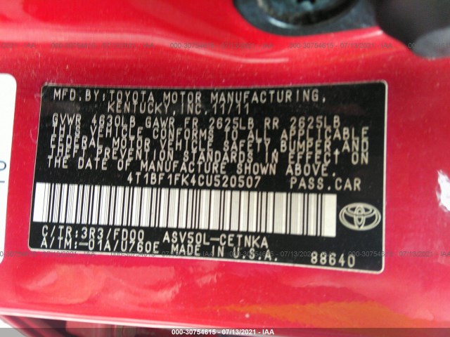 Photo 8 VIN: 4T1BF1FK4CU520507 - TOYOTA CAMRY 