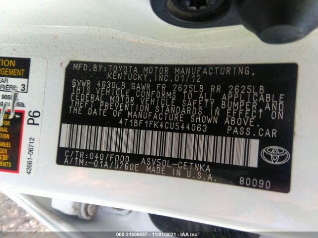 Photo 8 VIN: 4T1BF1FK4CU544063 - TOYOTA CAMRY 