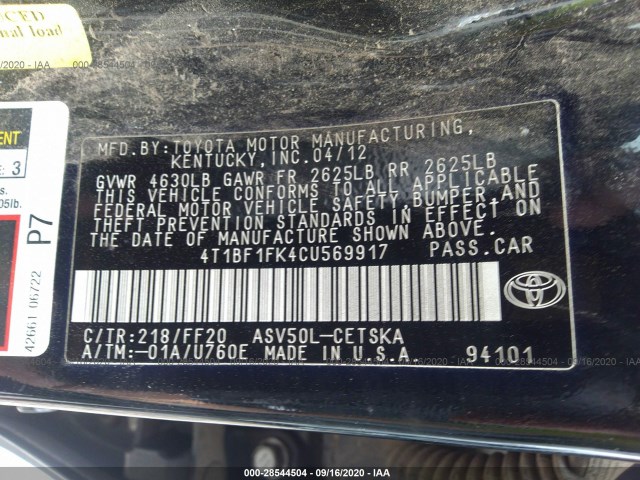 Photo 8 VIN: 4T1BF1FK4CU569917 - TOYOTA CAMRY 