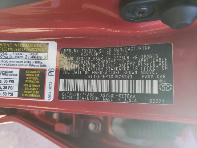 Photo 9 VIN: 4T1BF1FK4CU578343 - TOYOTA CAMRY BASE 