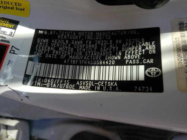 Photo 9 VIN: 4T1BF1FK4CU584420 - TOYOTA CAMRY BASE 