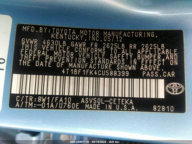 Photo 8 VIN: 4T1BF1FK4CU588399 - TOYOTA CAMRY 