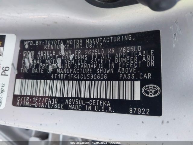 Photo 8 VIN: 4T1BF1FK4CU590606 - TOYOTA CAMRY 