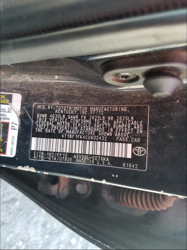 Photo 9 VIN: 4T1BF1FK4CU602432 - TOYOTA CAMRY BASE 