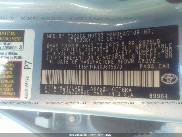 Photo 8 VIN: 4T1BF1FK4CU615570 - TOYOTA CAMRY 