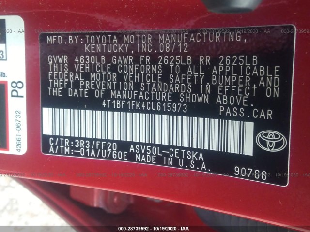 Photo 8 VIN: 4T1BF1FK4CU615973 - TOYOTA CAMRY 