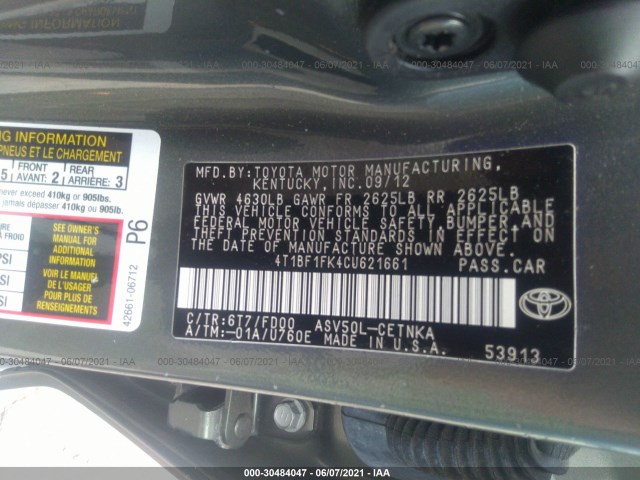 Photo 8 VIN: 4T1BF1FK4CU621661 - TOYOTA CAMRY 