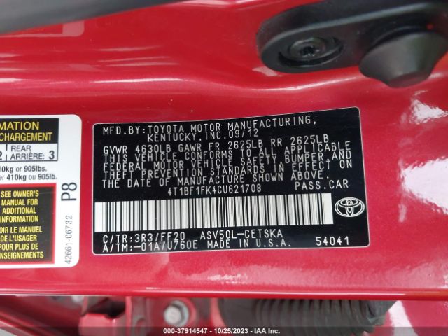 Photo 8 VIN: 4T1BF1FK4CU621708 - TOYOTA CAMRY 