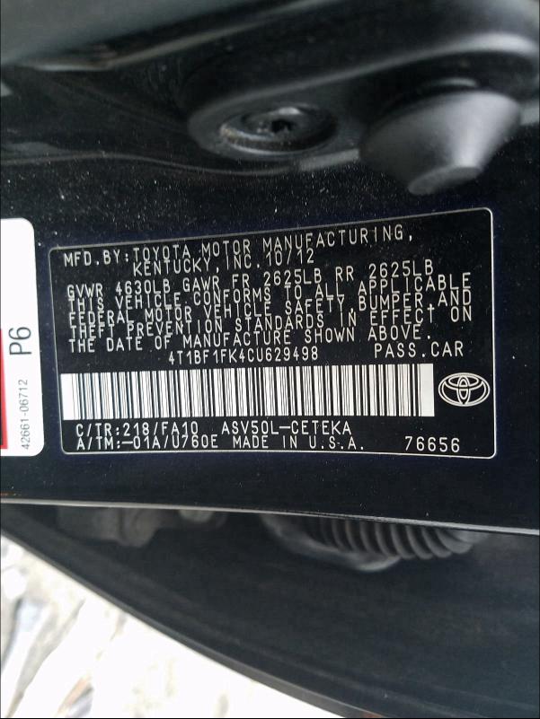 Photo 9 VIN: 4T1BF1FK4CU629498 - TOYOTA CAMRY BASE 