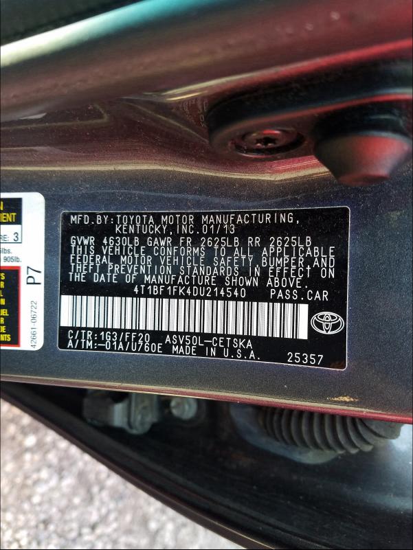 Photo 9 VIN: 4T1BF1FK4DU214540 - TOYOTA CAMRY L 