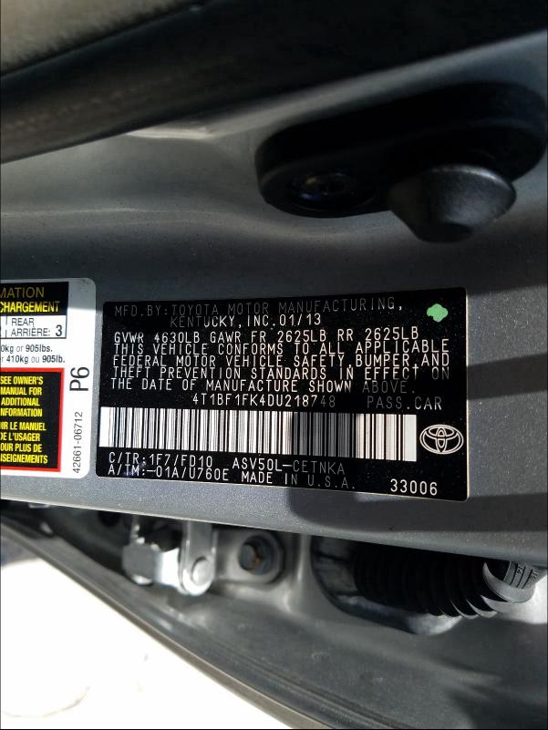 Photo 9 VIN: 4T1BF1FK4DU218748 - TOYOTA CAMRY L 