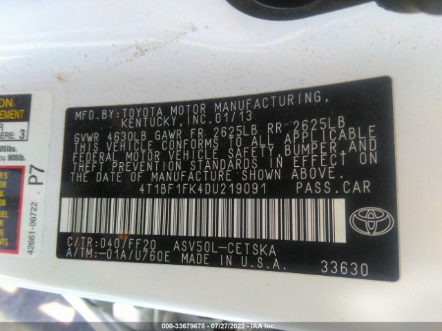 Photo 8 VIN: 4T1BF1FK4DU219091 - TOYOTA CAMRY 