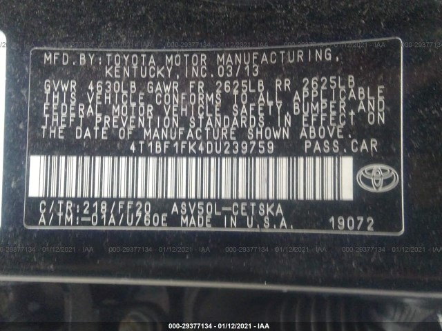 Photo 8 VIN: 4T1BF1FK4DU239759 - TOYOTA CAMRY 