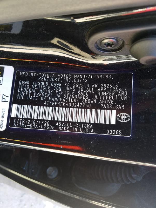 Photo 9 VIN: 4T1BF1FK4DU247750 - TOYOTA CAMRY L 