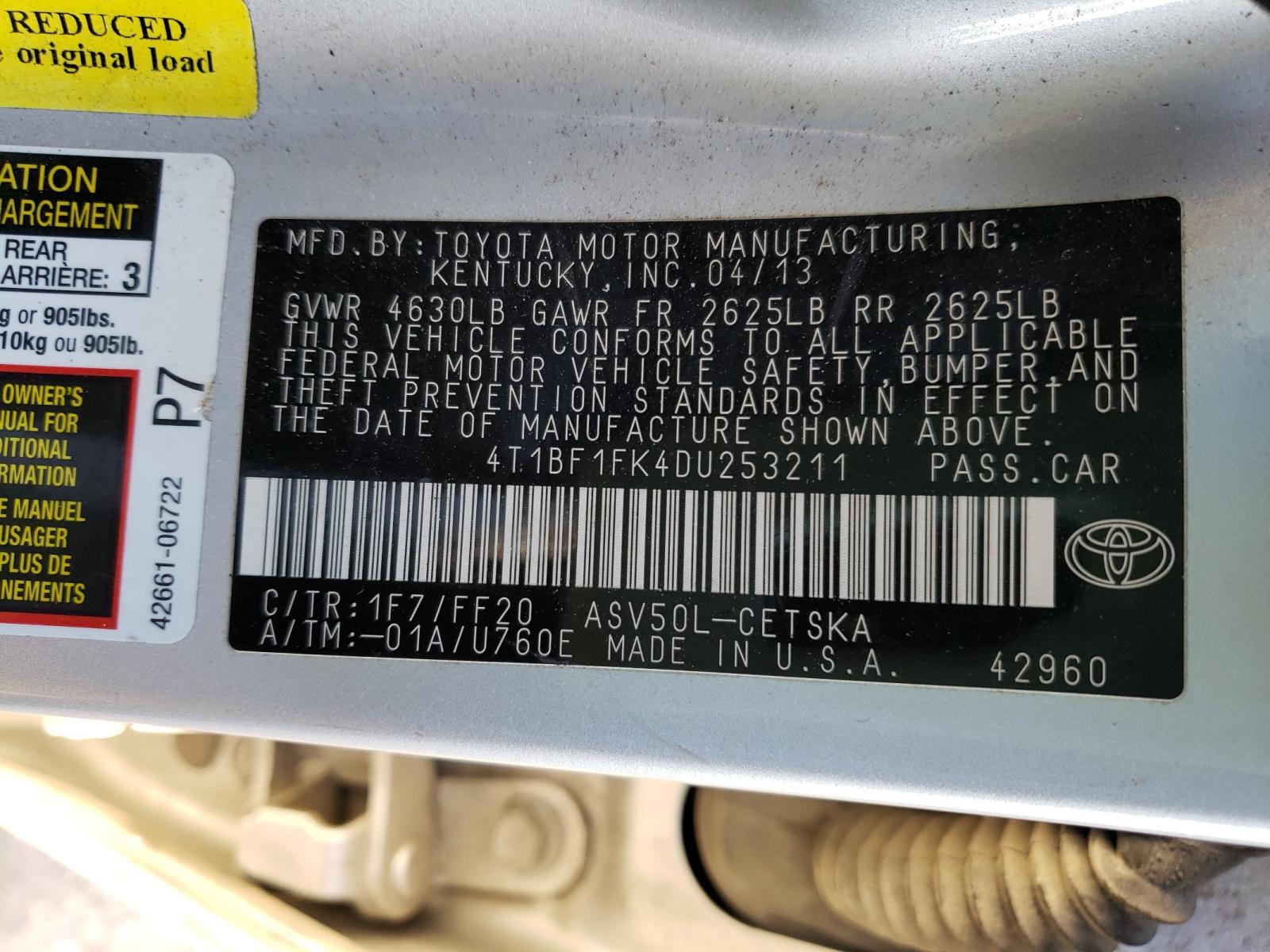 Photo 9 VIN: 4T1BF1FK4DU253211 - TOYOTA CAMRY L 