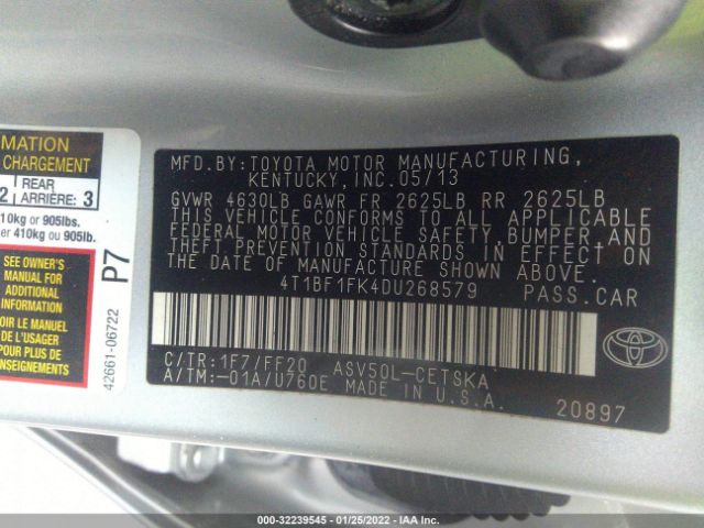 Photo 8 VIN: 4T1BF1FK4DU268579 - TOYOTA CAMRY 