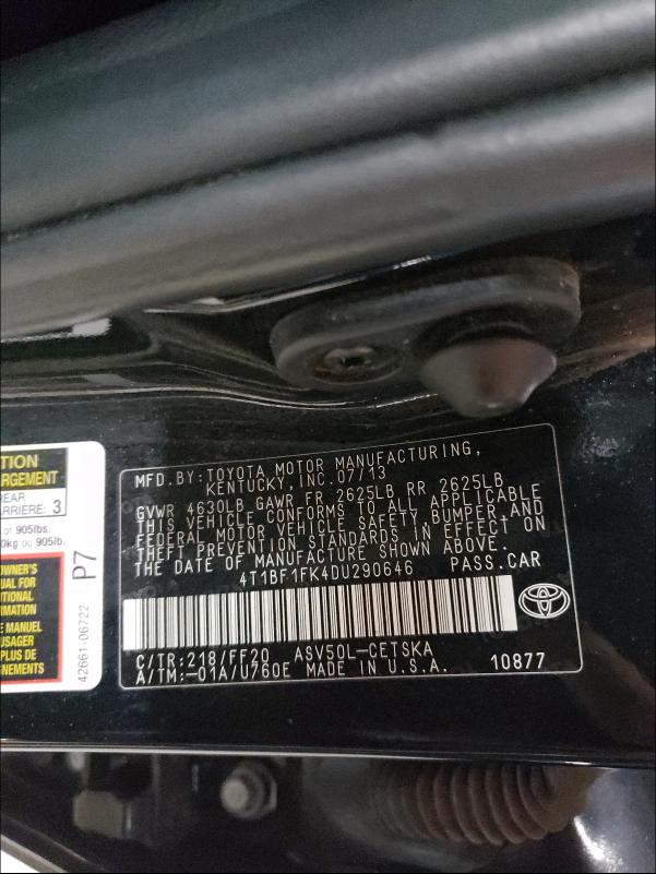 Photo 9 VIN: 4T1BF1FK4DU290646 - TOYOTA CAMRY L 