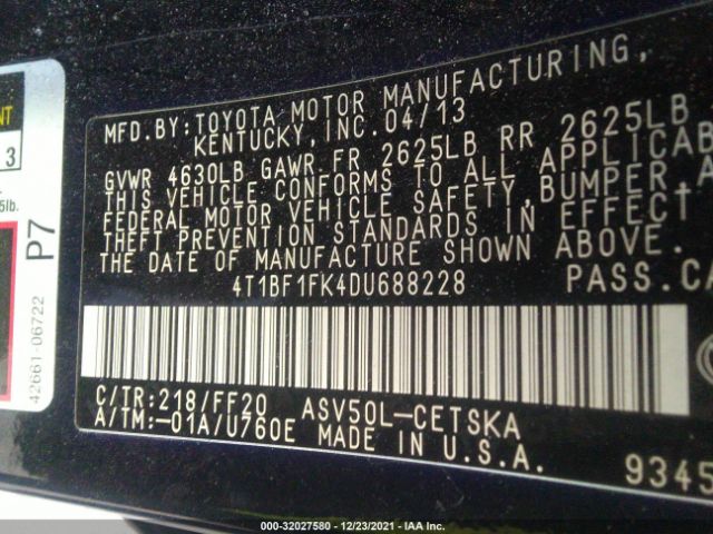 Photo 8 VIN: 4T1BF1FK4DU688228 - TOYOTA CAMRY 