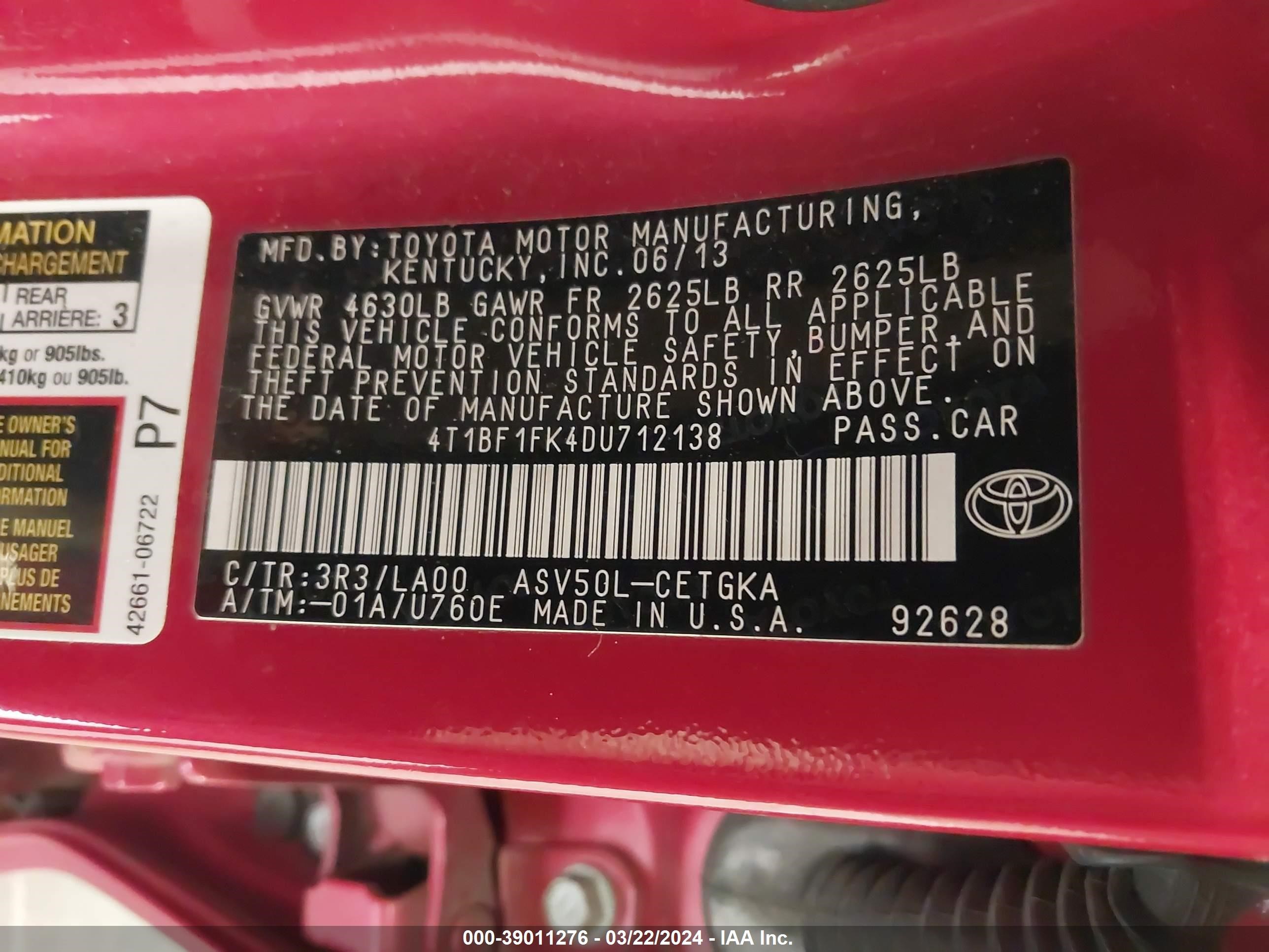 Photo 8 VIN: 4T1BF1FK4DU712138 - TOYOTA CAMRY 