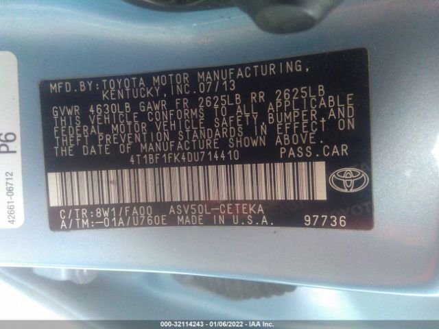 Photo 8 VIN: 4T1BF1FK4DU714410 - TOYOTA CAMRY 