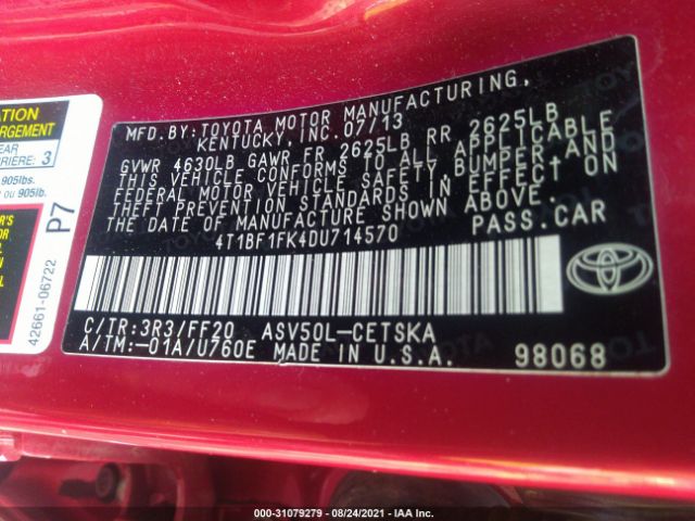 Photo 8 VIN: 4T1BF1FK4DU714570 - TOYOTA CAMRY 