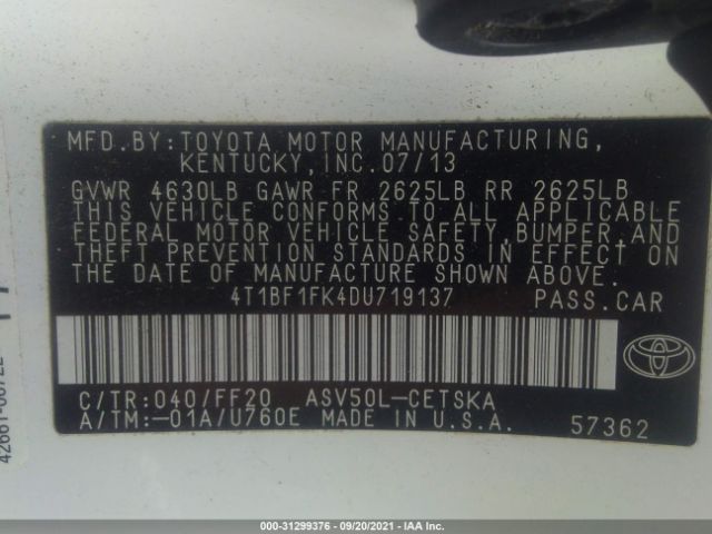 Photo 8 VIN: 4T1BF1FK4DU719137 - TOYOTA CAMRY 