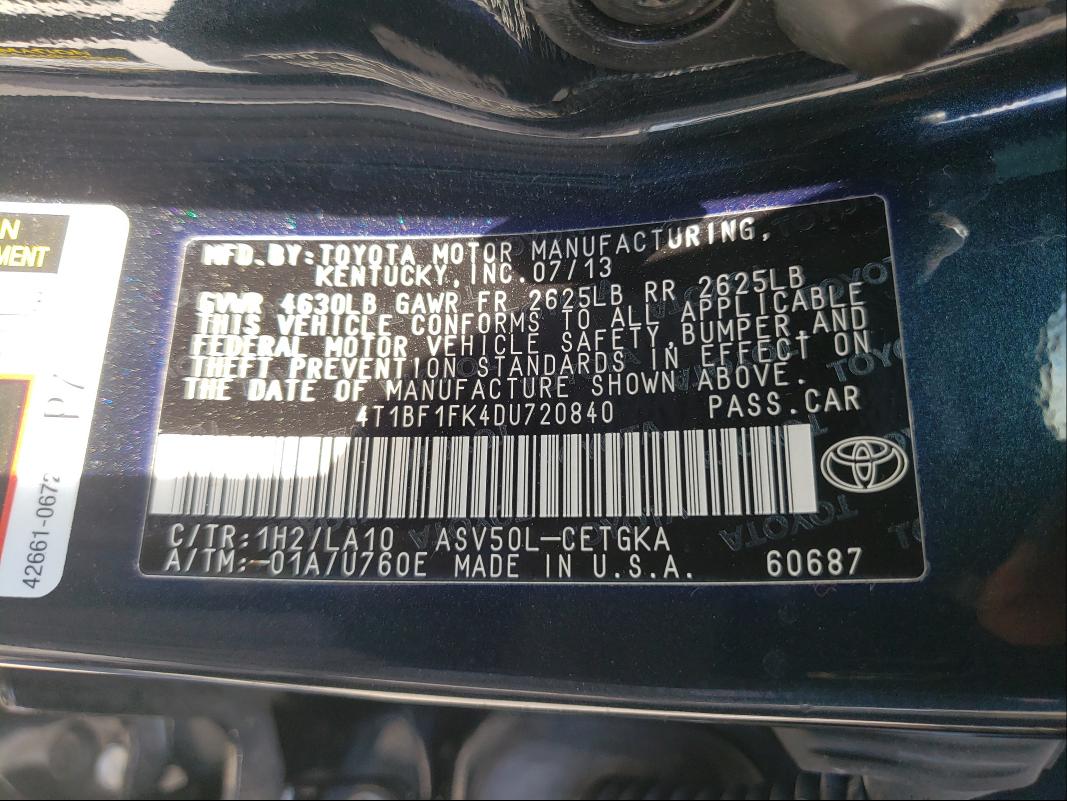 Photo 9 VIN: 4T1BF1FK4DU720840 - TOYOTA CAMRY L 