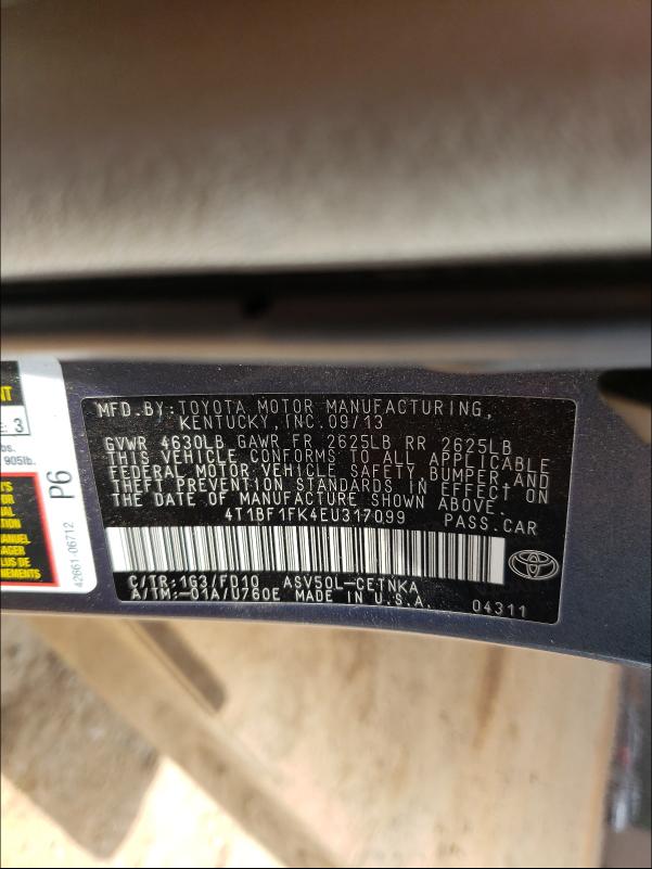 Photo 9 VIN: 4T1BF1FK4EU317099 - TOYOTA CAMRY L 