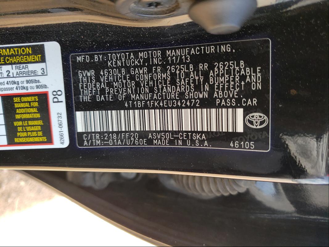 Photo 9 VIN: 4T1BF1FK4EU342472 - TOYOTA CAMRY L 