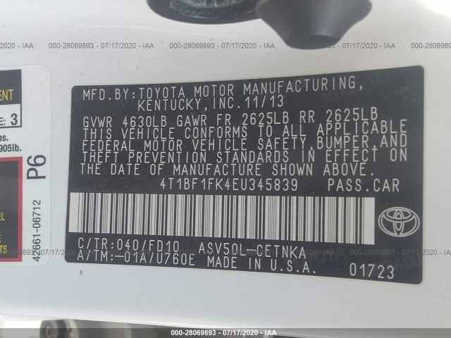 Photo 8 VIN: 4T1BF1FK4EU345839 - TOYOTA CAMRY 