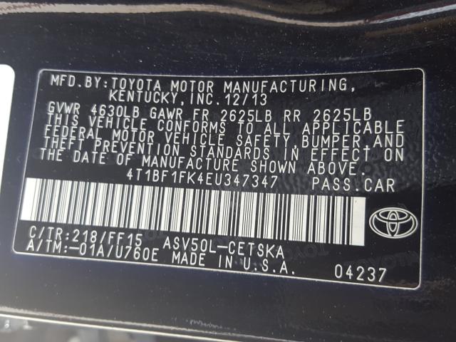 Photo 9 VIN: 4T1BF1FK4EU347347 - TOYOTA CAMRY L 