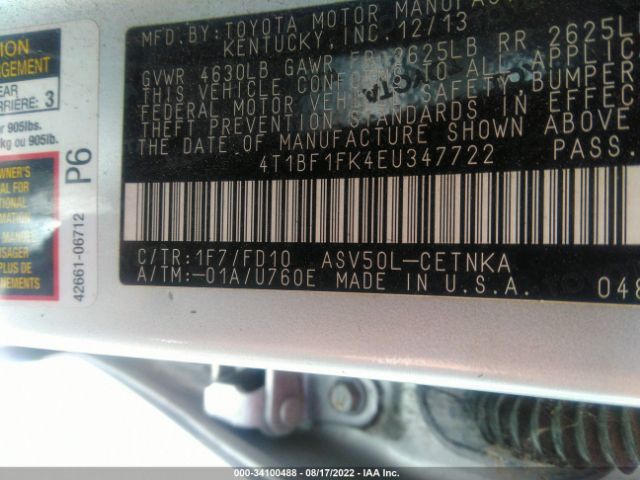 Photo 8 VIN: 4T1BF1FK4EU347722 - TOYOTA CAMRY 