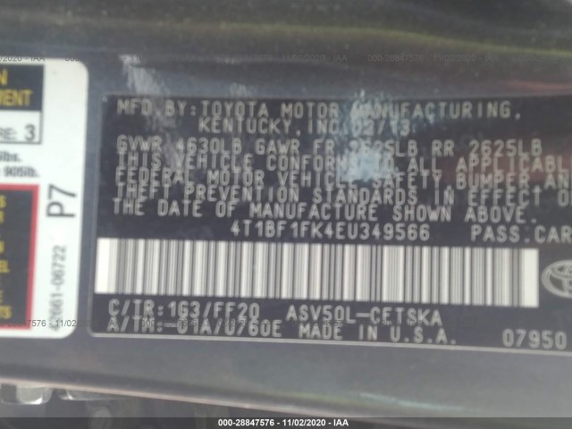 Photo 8 VIN: 4T1BF1FK4EU349566 - TOYOTA CAMRY 