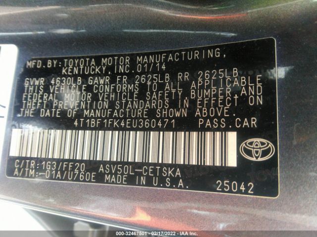 Photo 8 VIN: 4T1BF1FK4EU360471 - TOYOTA CAMRY 