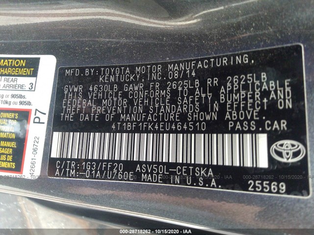 Photo 8 VIN: 4T1BF1FK4EU464510 - TOYOTA CAMRY 