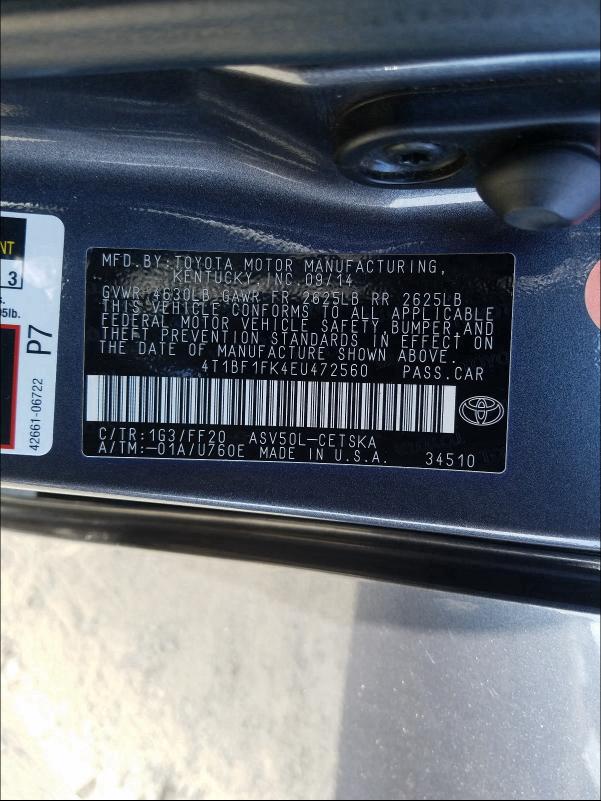 Photo 9 VIN: 4T1BF1FK4EU472560 - TOYOTA CAMRY L 