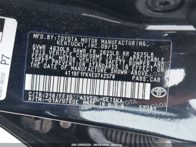 Photo 8 VIN: 4T1BF1FK4EU742578 - TOYOTA CAMRY 