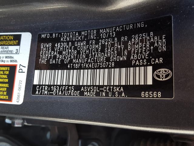 Photo 9 VIN: 4T1BF1FK4EU750728 - TOYOTA CAMRY L 