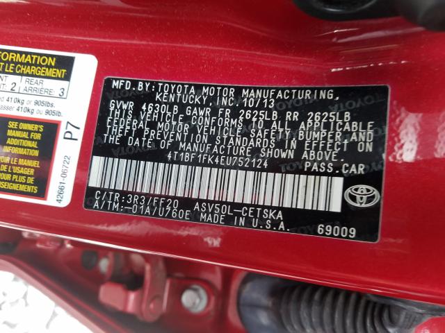 Photo 9 VIN: 4T1BF1FK4EU752124 - TOYOTA CAMRY L 