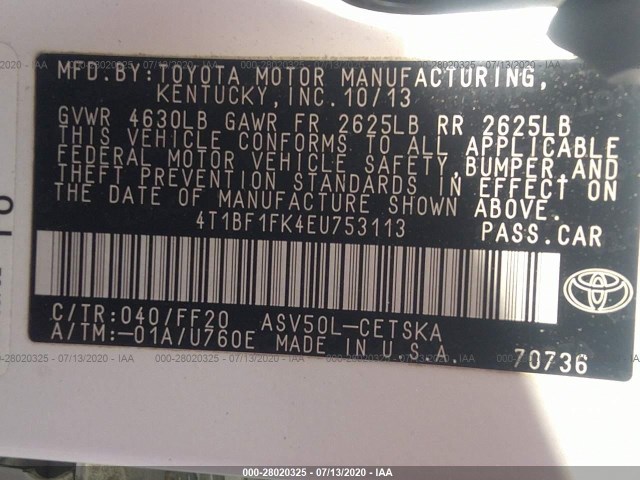 Photo 8 VIN: 4T1BF1FK4EU753113 - TOYOTA CAMRY 