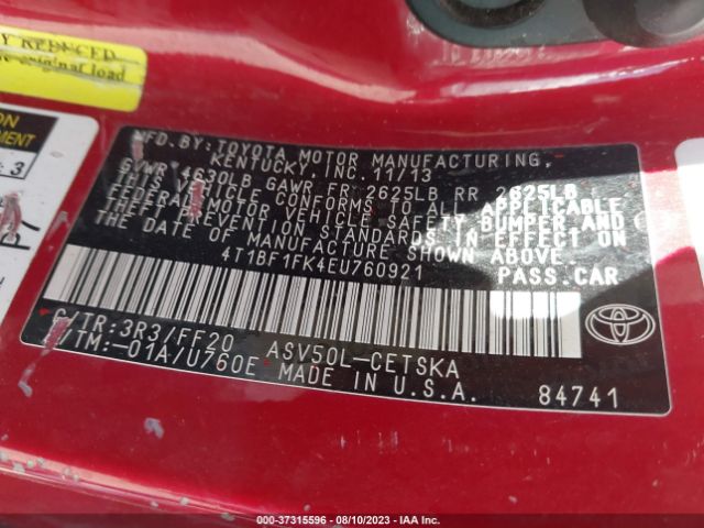 Photo 8 VIN: 4T1BF1FK4EU760921 - TOYOTA CAMRY 