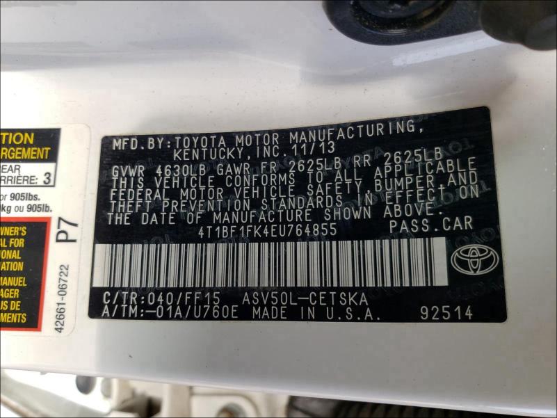 Photo 9 VIN: 4T1BF1FK4EU764855 - TOYOTA CAMRY L 