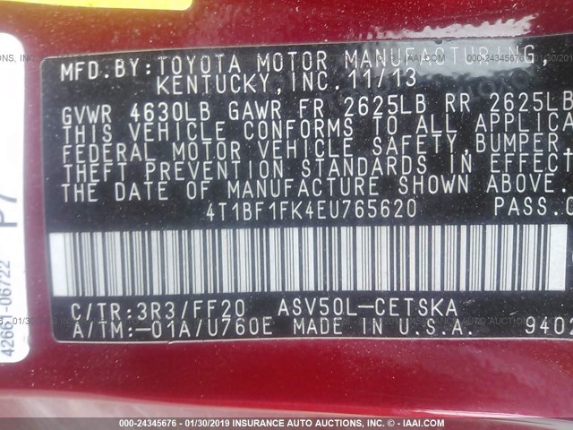 Photo 8 VIN: 4T1BF1FK4EU765620 - TOYOTA CAMRY 