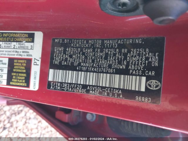 Photo 8 VIN: 4T1BF1FK4EU767061 - TOYOTA CAMRY 