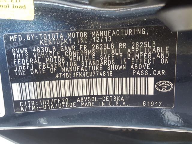 Photo 9 VIN: 4T1BF1FK4EU774818 - TOYOTA CAMRY L 