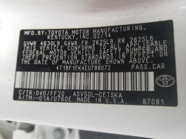 Photo 9 VIN: 4T1BF1FK4EU788072 - TOYOTA CAMRY L 