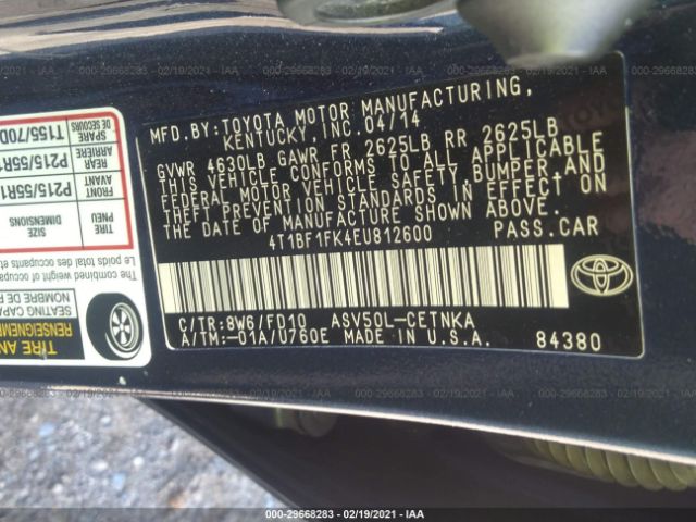 Photo 8 VIN: 4T1BF1FK4EU812600 - TOYOTA CAMRY 