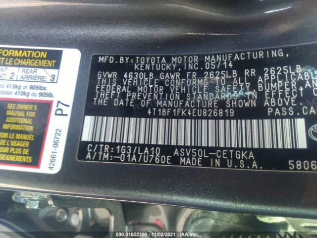 Photo 8 VIN: 4T1BF1FK4EU826819 - TOYOTA CAMRY 